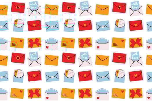 Seamless pattern with envelopes and letters. Valentines day lettering. Flat illustration. vector