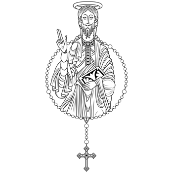 A black and white drawing of a saint holding a cross png