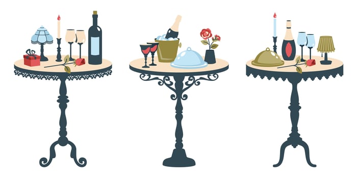 Reserved tables for two. Romantic dinner. Romantic setting. Vintage tables set. Valentine table with cutlery, glasses, wine, lamp, gift, candles in candlesticks, rose. flat illustration vector
