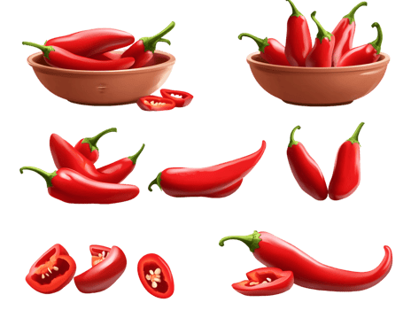 Red Chili Peppers Whole, Halved, and in Bowls png