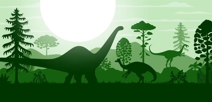 Prehistoric dinosaurs and trees silhouettes vector