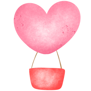 hot air balloon in the shape of a large pink heart, with a soft watercolor texture. The heart acts as the balloon, and it is tethered to a red basket by thin strings png