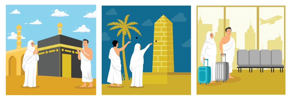 Illustration depicting key pilgrimage scenes including departure and ritual activities. vector