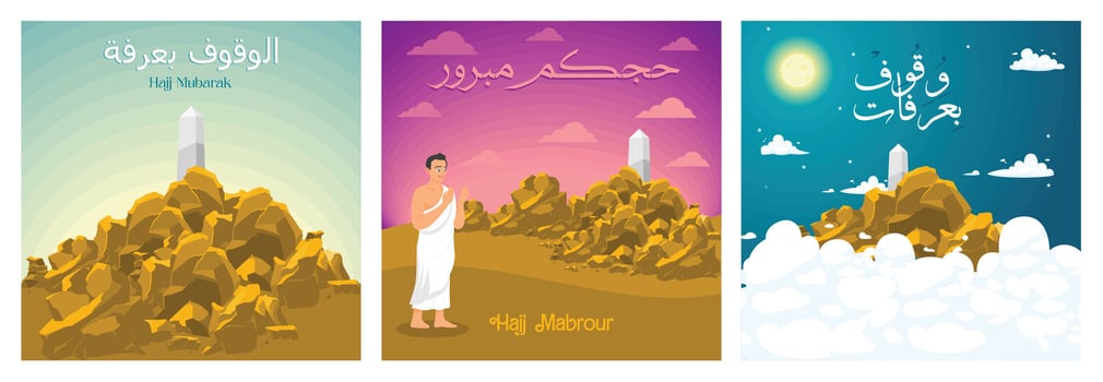 Illustrated religious Hajj Mubarak posters featuring pilgrim and Arafat scene. vector