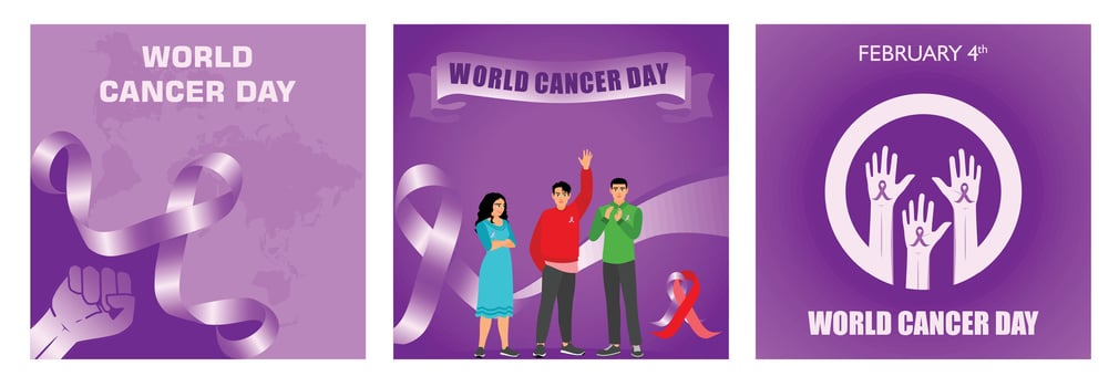 World Cancer Day awareness banners with purple ribbons and supportive designs. vector