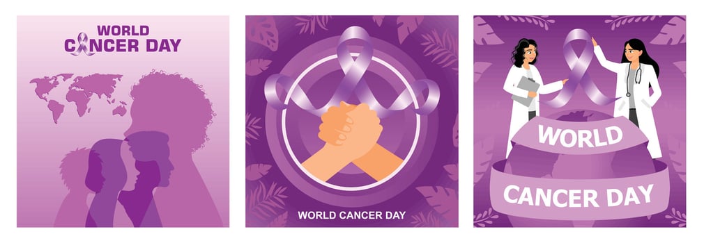 World Cancer Day celebrations featuring purple ribbons and supportive illustrations. vector
