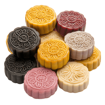 Beautiful Pile of Chinese Mooncakes with Artistic Designs png