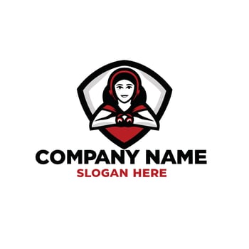 a woman holding a shield logo design vector