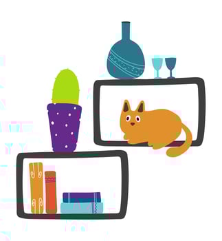 Set of funny items for the living room. Shelf, books, cactus, cat. vector
