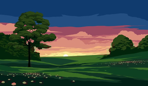 Meadow sunset landscape with forest vector