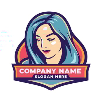a woman with blue hair and a logo for a company vector