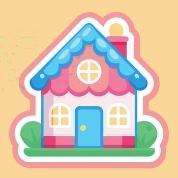 a cartoon house with a blue roof and pink windows vector