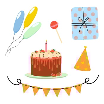 Colorful birthday celebration with cake, balloons, and gifts in a festive setting vector