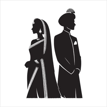 Traditional Indian Bride and Groom Silhouette Clipart with Shadi Mandap for Marriage Invitation Card Design vector