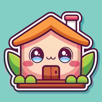 a cute house sticker with a green roof and eyes vector