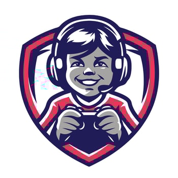 mascot icon of a boy playing game with controller set inside shield crest on isolated background vector