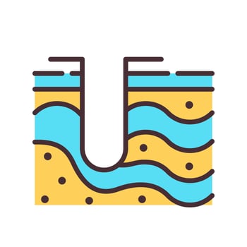 Deep pit on soil RGB color icon. Boring vertical tunnel to study soil layers. Geodetic survey exploration method. Isolated illustration. Simple filled line drawing. Editable stroke vector