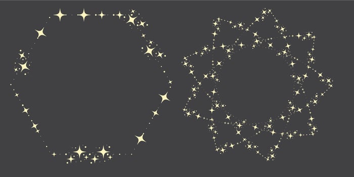 Magic star arch. Stars arch, star compositions graphic art. Shiny elements, starry and dots silhouettes. Comets and abstract constellations, retro celestial set vector