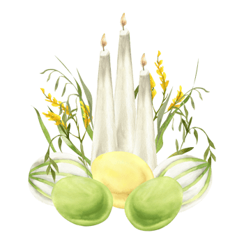 Easter traditional home composition with white candles, green,yellow eggs and floral decor. Hand drawn spring festive arrangement for label. logo, web design. Field flowers,grass with eggs and light png