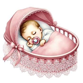 Sweet baby sleeping in a pink crib with a pacifier. Baby shower clipart cartoon png