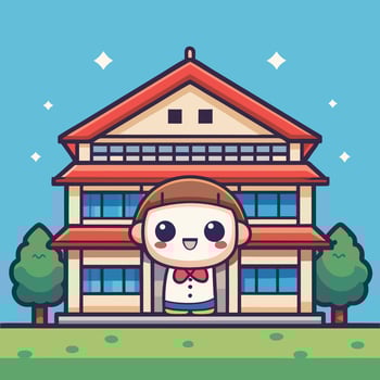 a cartoon character standing in front of a school building vector