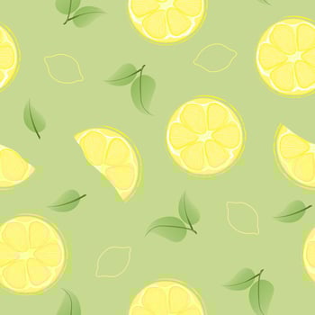 Seamless pattern with hand drawn lemon slice on green background. Fresh organic fruit, healthy, vegan, raw food. vector