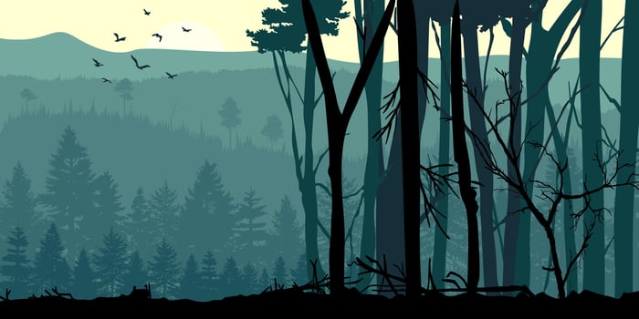 Silhouette of a trees forest and mountain. natural isolated on blue background. vector