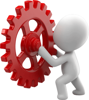 A 3d character is pushing a red gear png