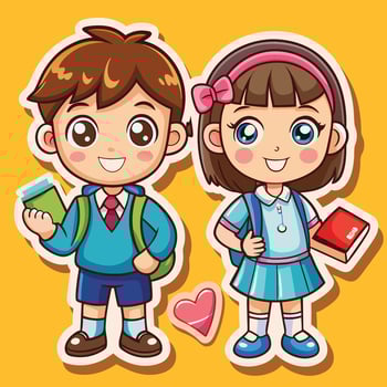cartoon boy and girl school uniform, holding books and hearts vector