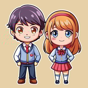 cartoon school girl and boy, standing next to each other vector