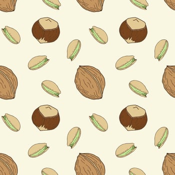Pattern with nuts, hand drawn walnut pistachio and hazelnut. Healthy eating concept, raw food diet. vector