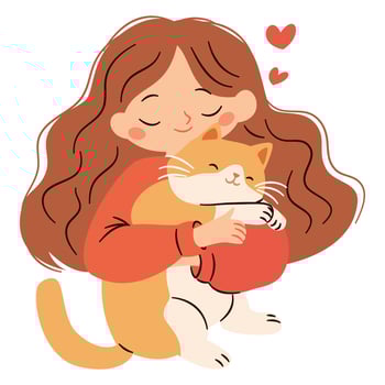 Cute little girl hugging cat, children and pets. Flat illustration in simple child style on white background vector