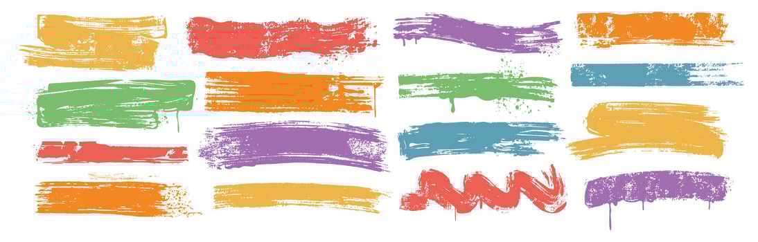 set of colored brush strokes, ink bold lines. Dirty grunge design elements, rough paintbrush smears, scribbles on white background. Freehand spray paint underline stripes with drips, splatters vector