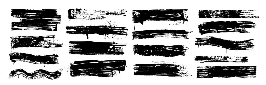 set of black brush strokes, ink bold lines. Dirty grunge design elements, rough paintbrush smears isolated on white background. Hand drawn spray paint underline stripes with drips and splatters vector
