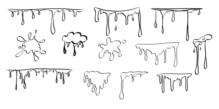 Paint drip splatter, liquid stain fluid ink droplet. Graffiti splash black melt. Paint flows, melt spray border. vector