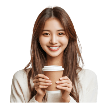 Smiling Woman Enjoying Coffee on transparent background. png