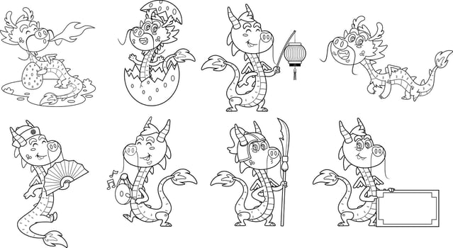 Outlined Cute Chinese Dragon Cartoon Characters. Year Of The Dragon Zodiac. Hand Drawn Collection Set vector