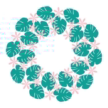 Abstract flowers and Monstera leaves Summertime Circular frame border. Tropical Copy space Template. Isolated illustration Cards, poster, leaflets, brochures, prices, label or web promo banner vector