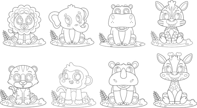 Outlined Cute Baby Safari Animal Cartoon Characters. Hand Drawn Collection Set vector