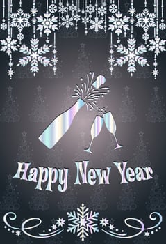 New Year greeting card with glasses and a bottle of champagne vector