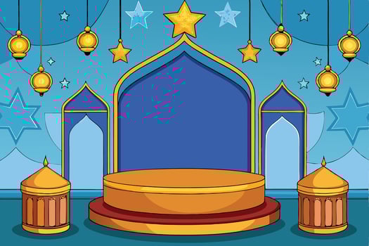Beautiful Ramadan Islamic Background with crescent moon, vibrant mosques, hanging lanterns, and intricate podium designs vector