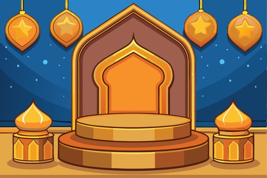 Islamic festive Ramadan Background showcasing traditional mosques, lanterns, crescent moon, and podium in vibrant colors vector