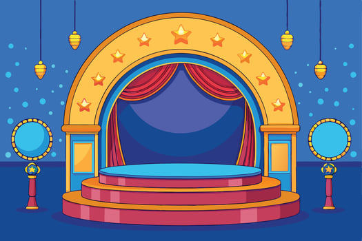 Ramadan Islamic Background with elegant golden stage, hanging lanterns, crescent and star decorations, perfect for festive occasions vector