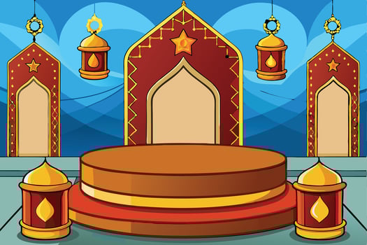 Ramadan Islamic Background showcasing a festive blue and gold stage, ornate lanterns, and intricate Islamic inspired decorative motifs vector