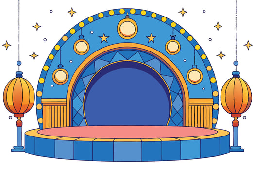 Ramadan Islamic Background featuring vibrant cartoon style stage design, traditional lanterns, and decorative star elements vector