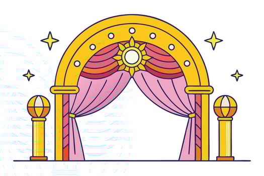 Ramadan Islamic elements illustration featuring a golden archway with colorful curtains, perfect for festive and traditional themes vector