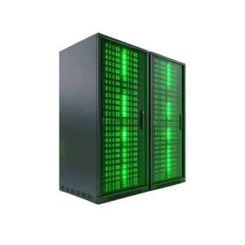 High-tech data center rack with glowing green indicators, showcasing modern server design. png
