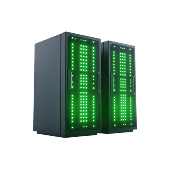 High-performance servers with glowing green lights for data processing and storage. png