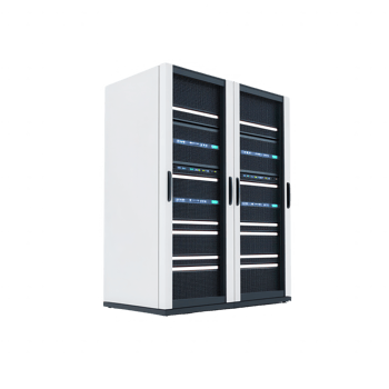 Modern server rack with multiple shelves and advanced cooling features. png