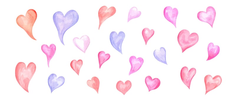 Watercolor pink, purple, blue, red hearts in different shape set illustration. Romantic colorful elements for Save the date, Valentines day, birthday and mothers day cards, wedding invitation vector